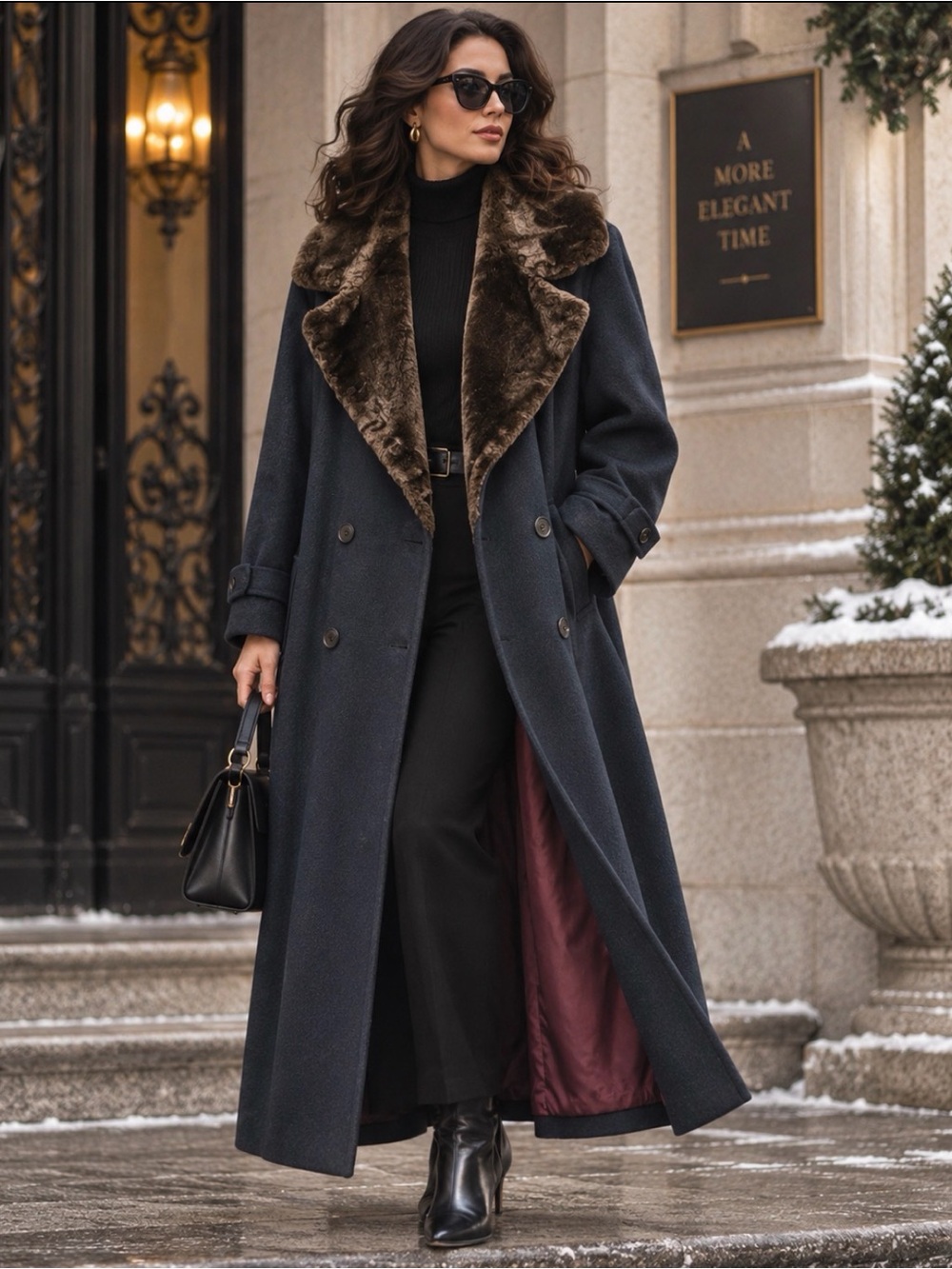 Vintage Charles Klein Wool Blend Coat Faux Fur Collar Made USA Long Overcoat - L